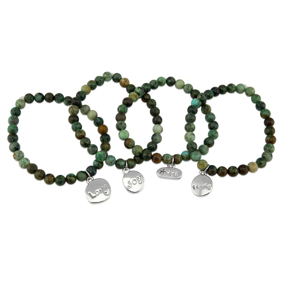 Christmas Bracelet  - Moss Green Agate 6mm Bead Bracelet with Silver Word Charm