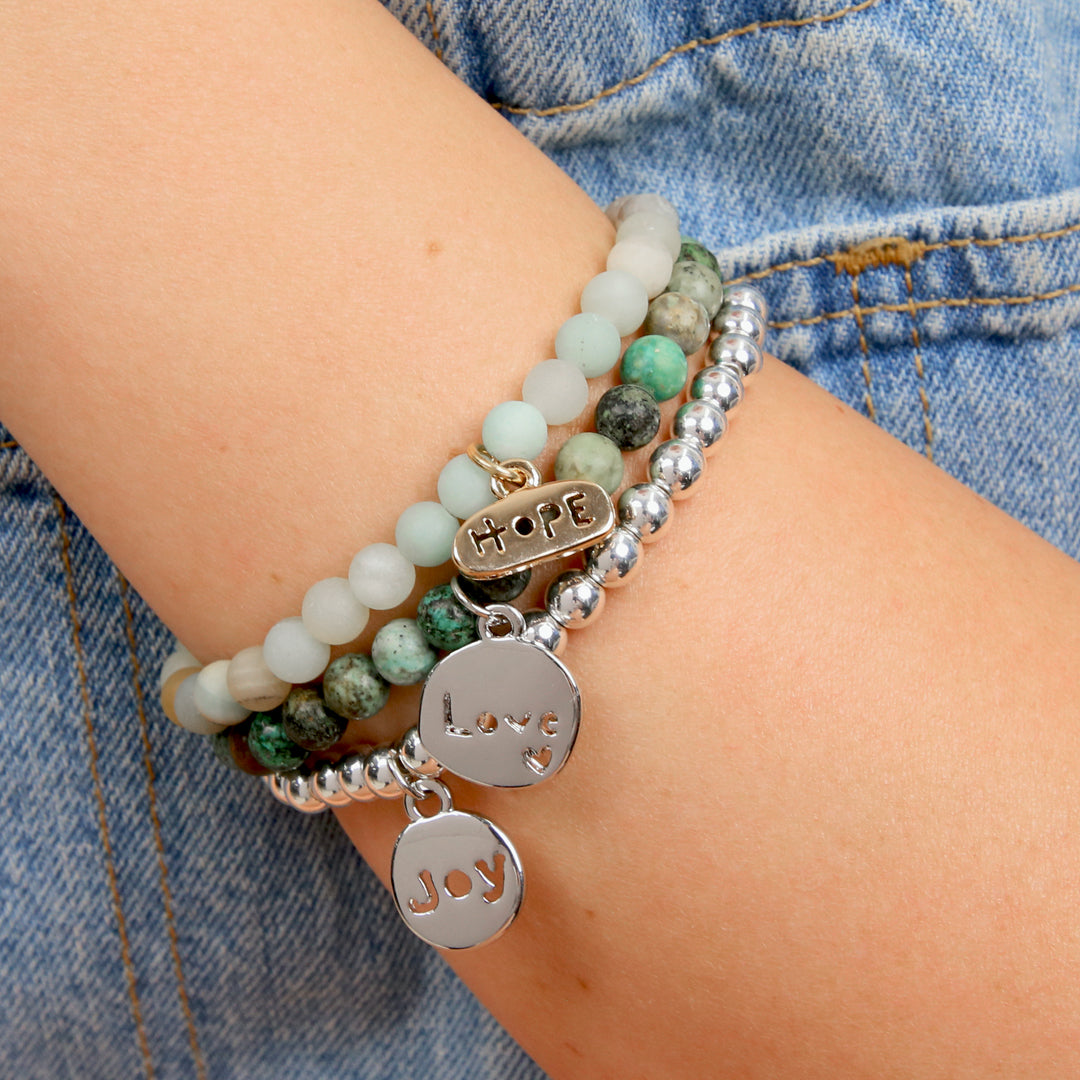 Christmas Bracelet  - Moss Green Agate 6mm Bead Bracelet with Silver Word Charm