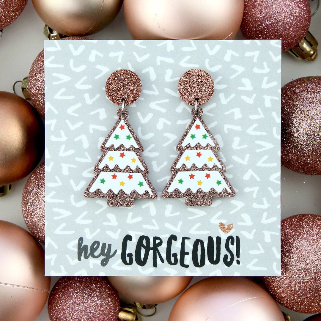 Acrylic & Resin Dangles - 'Hey Gorgeous' - Rose Gold Glitter Christmas Tree (9514)