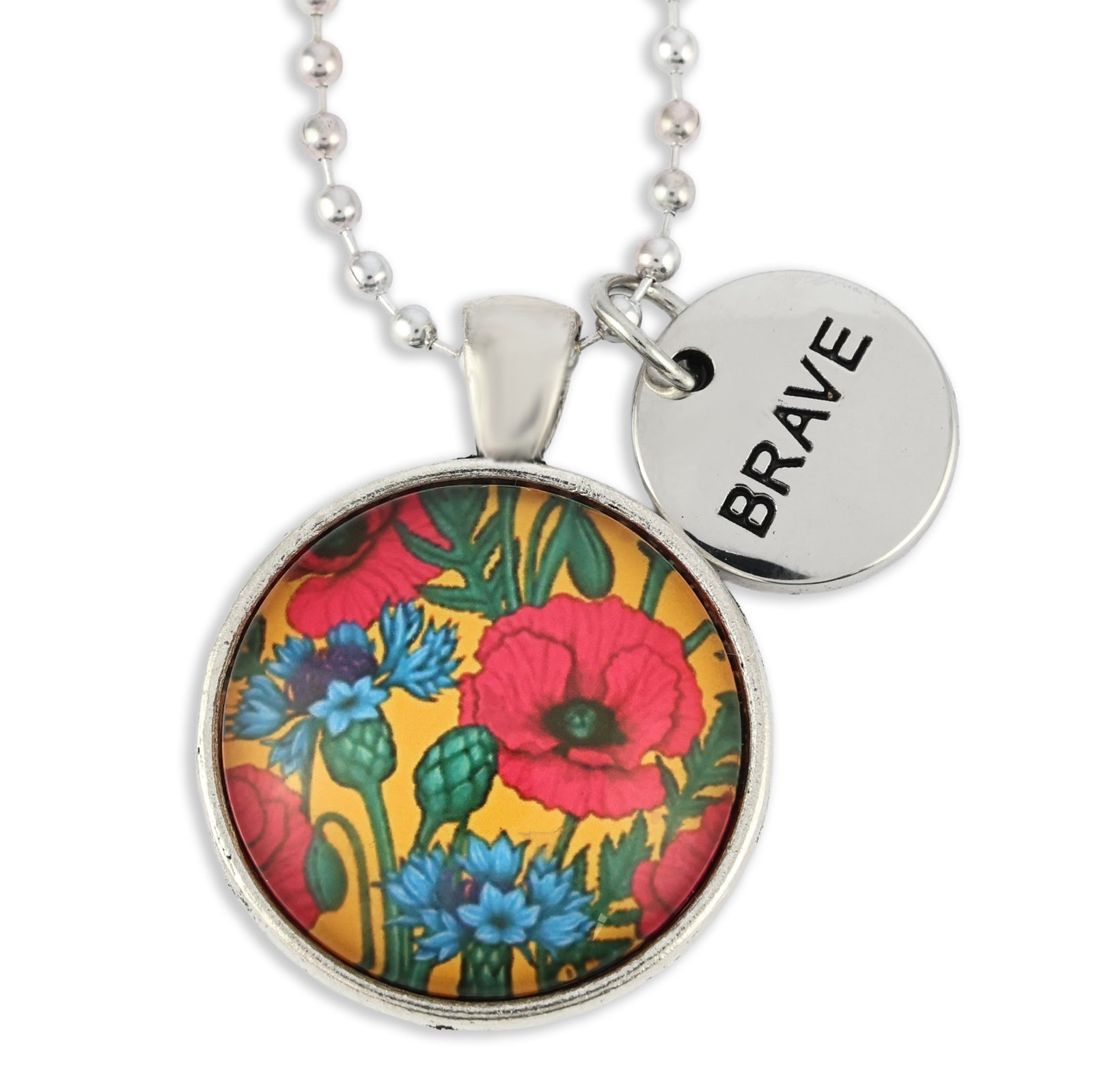 Necklace with floral pendant and 'BRAVE' charm on a white background