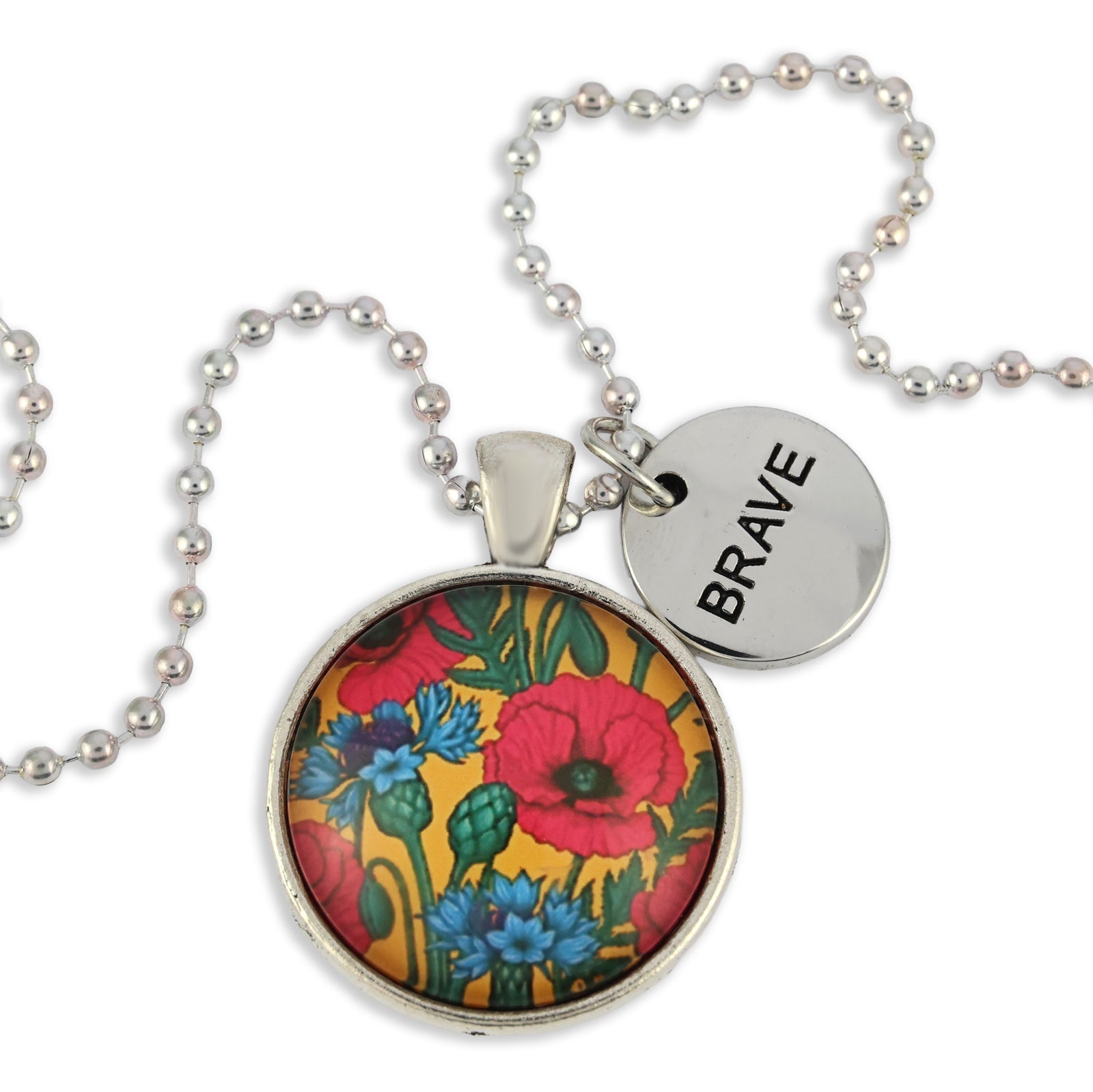 Necklace with floral pendant and 'BRAVE' charm on a white background