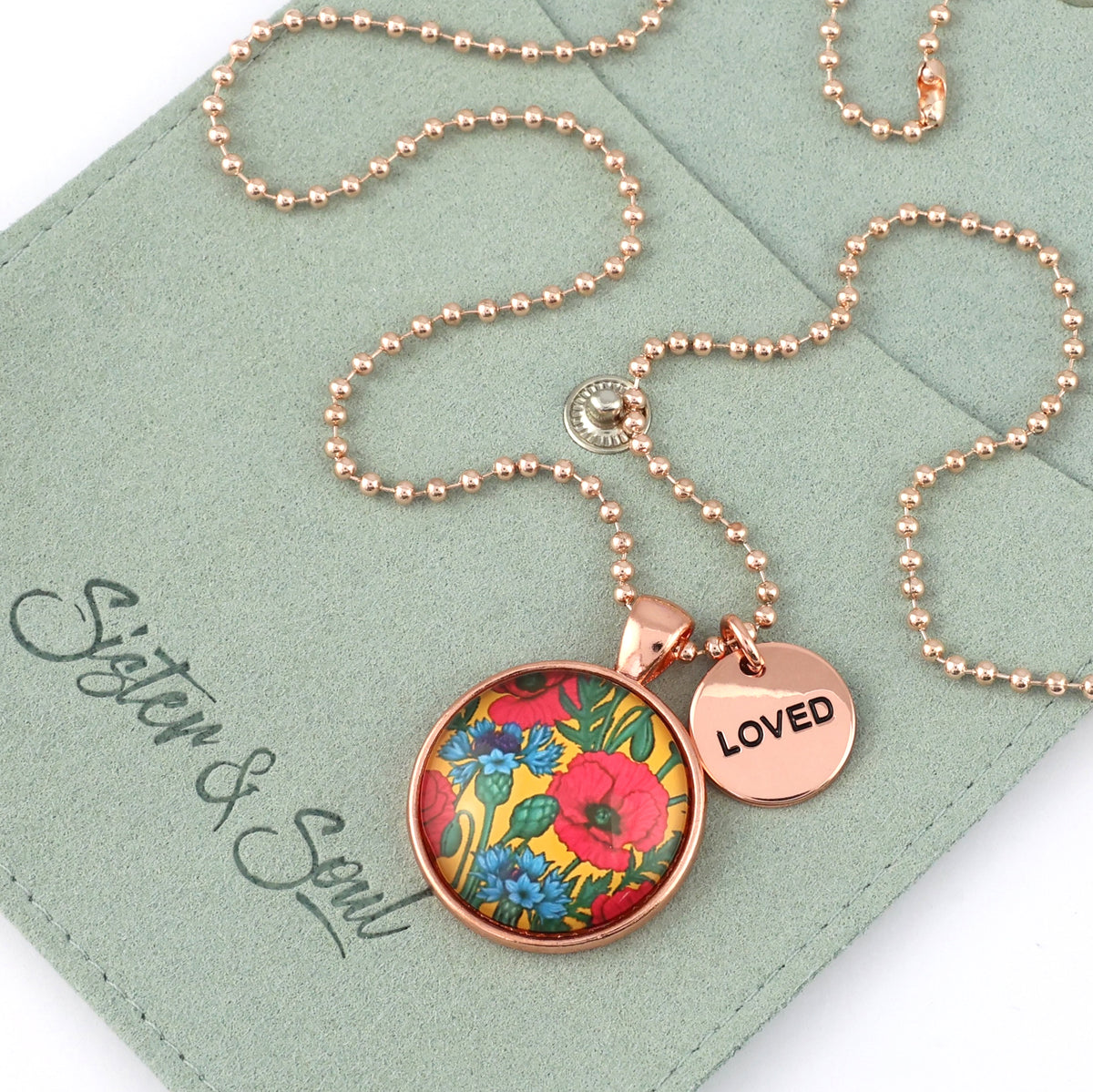 Rose Gold 'Loved' Necklace - Cornflowers & Poppies