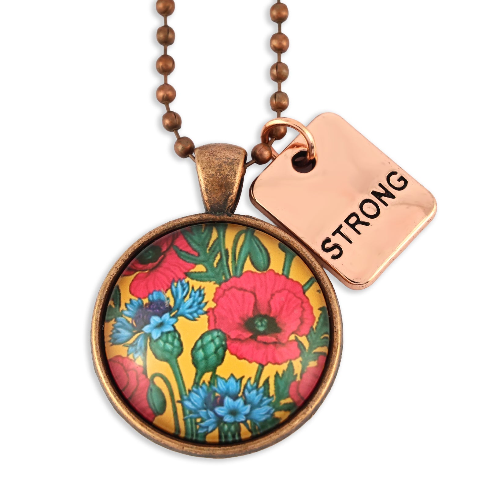 Necklace with floral pendant and 'STRONG' tag on a white background