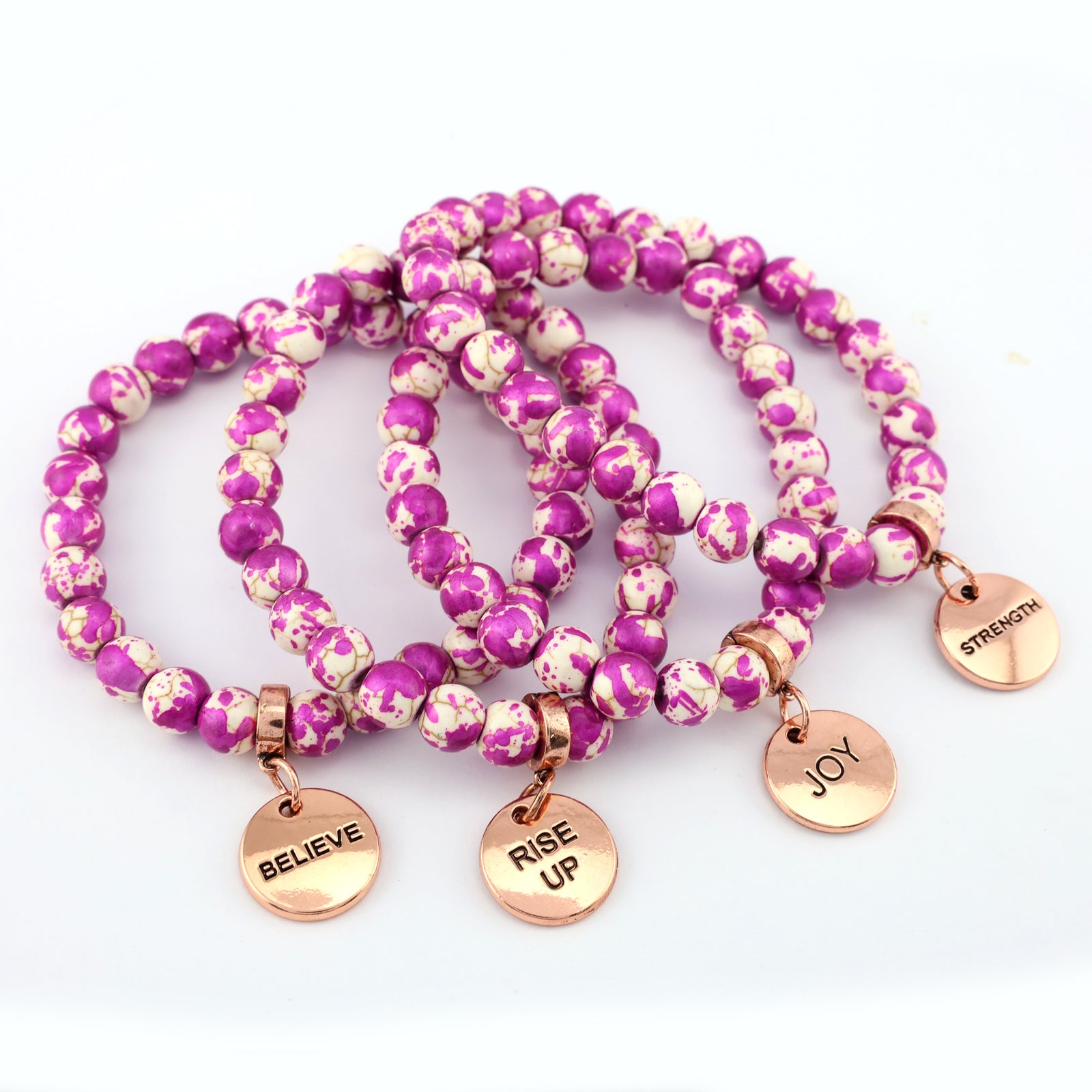 Stone Bracelet - Cosmic Pink Patch Agate Speckle Agate Stone 8mm Beads - With Rose Gold charm