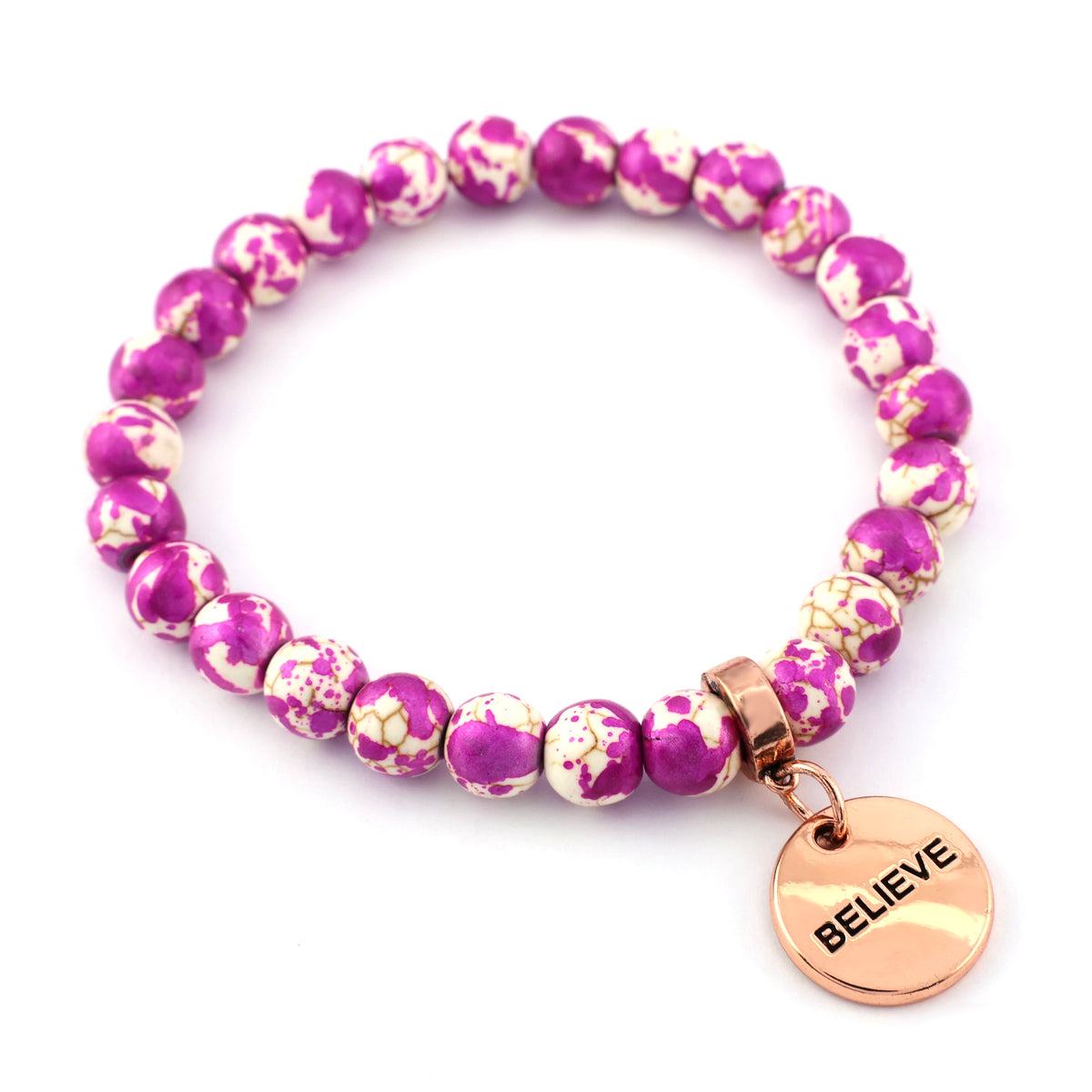 Stone Bracelet - Cosmic Pink Patch Agate Speckle Agate Stone 8mm Beads - With Rose Gold charm