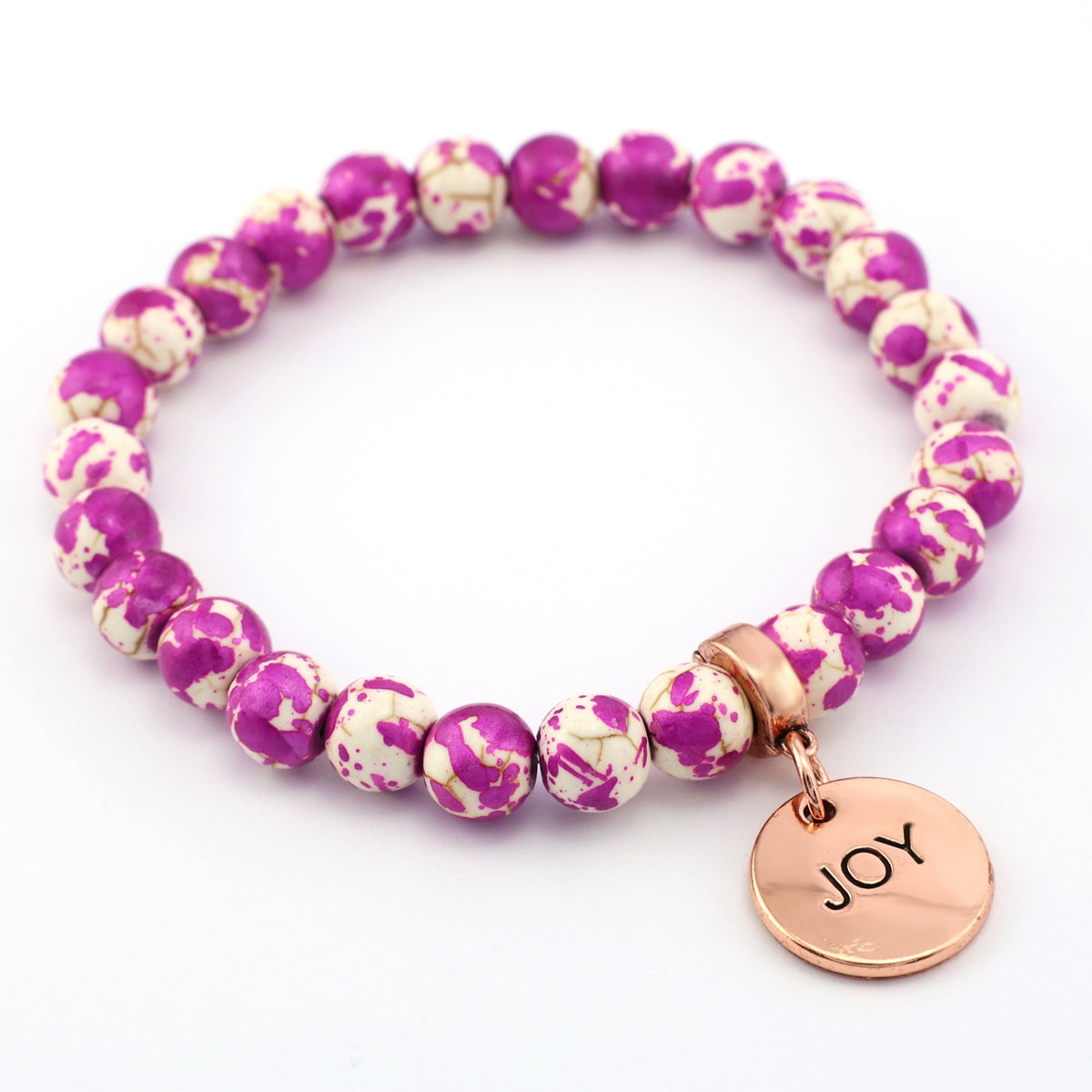 Stone Bracelet - Cosmic Pink Patch Agate Speckle Agate Stone 8mm Beads - With Rose Gold charm