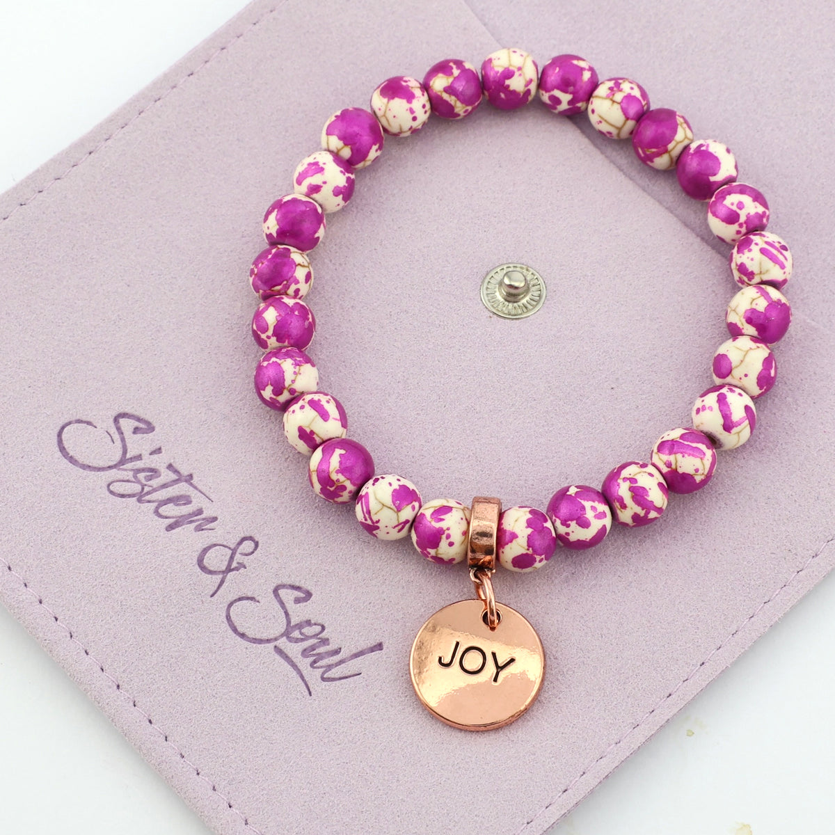 Stone Bracelet - Cosmic Pink Patch Agate Speckle Agate Stone 8mm Beads - With Rose Gold charm