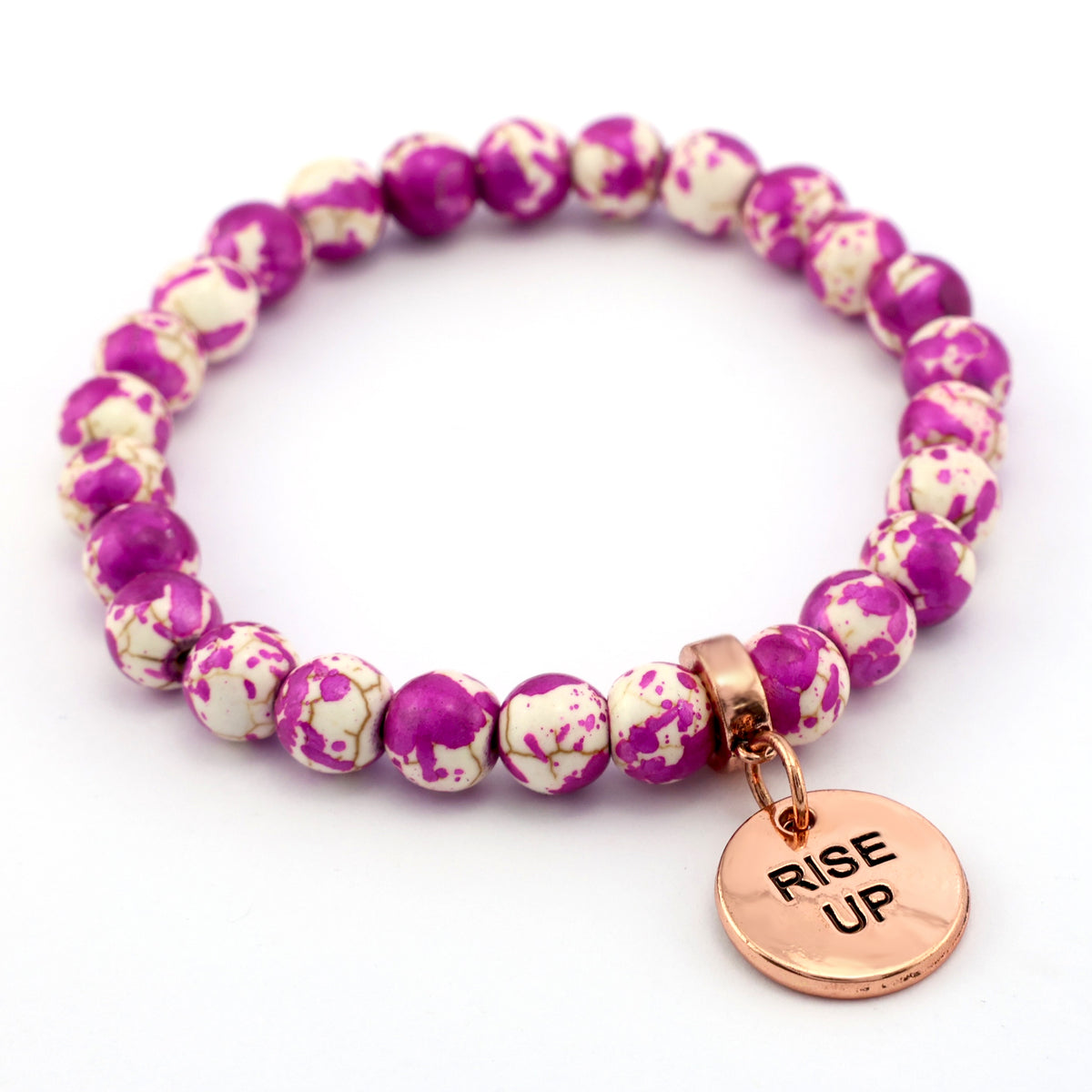 Stone Bracelet - Cosmic Pink Patch Agate Speckle Agate Stone 8mm Beads - With Rose Gold charm