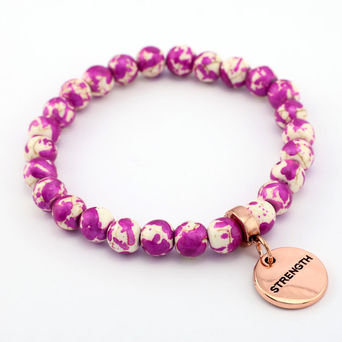 Stone Bracelet - Cosmic Pink Patch Agate Speckle Agate Stone 8mm Beads - With Rose Gold charm
