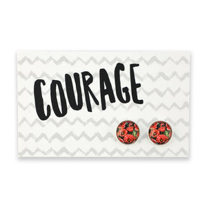 Floral earrings on a card with 'Courage' text