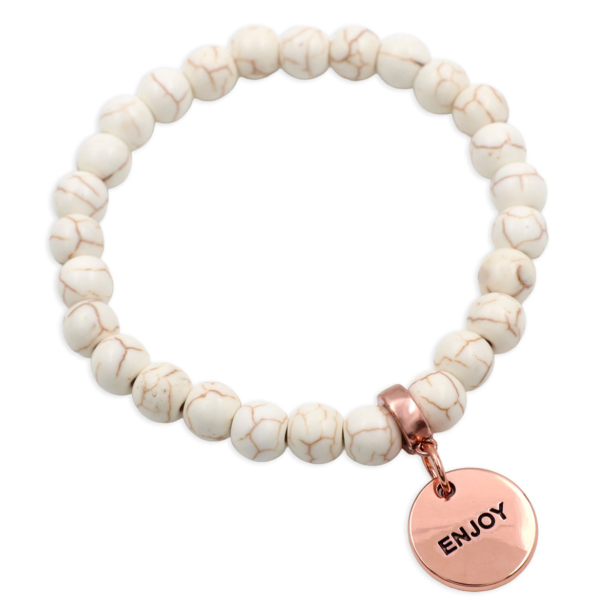 Beaded bracelet with a rose gold 'ENJOY' charm on a white background
