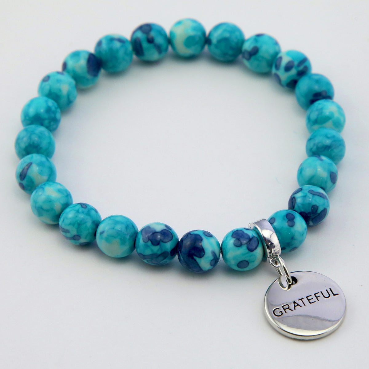 Stone Bracelet - Cyan & Navy Patch Agate Stone 8mm Beads - with Silver Word Charms