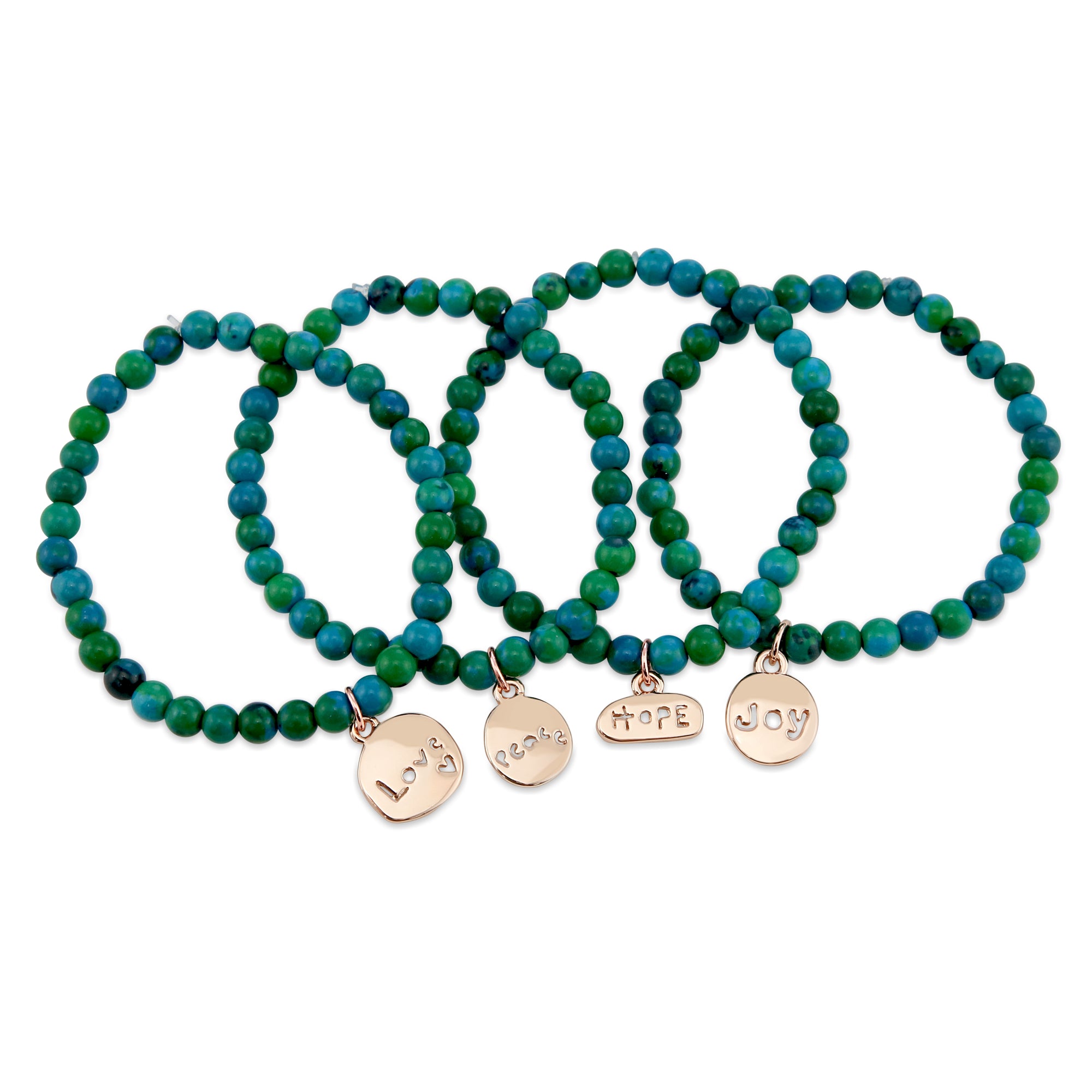 Christmas Bracelet - Green & Aqua Lapis 6mm Stone Bead Bracelet with Rose Gold Word Charm