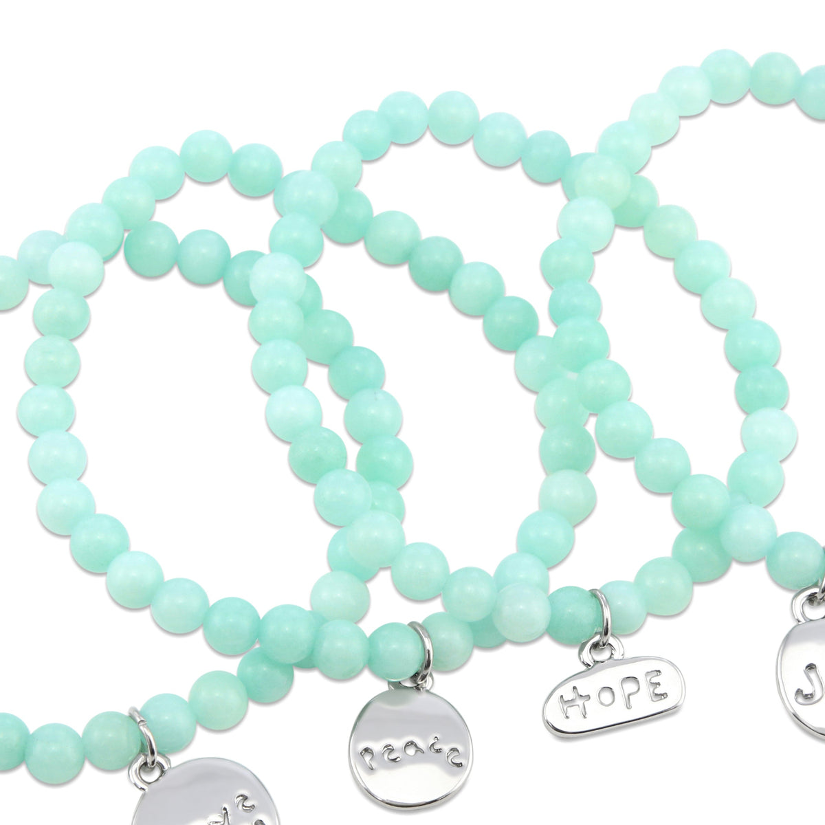 Christmas Bracelet - Minty Agate 6mm Bracelet with Silver Word Charm