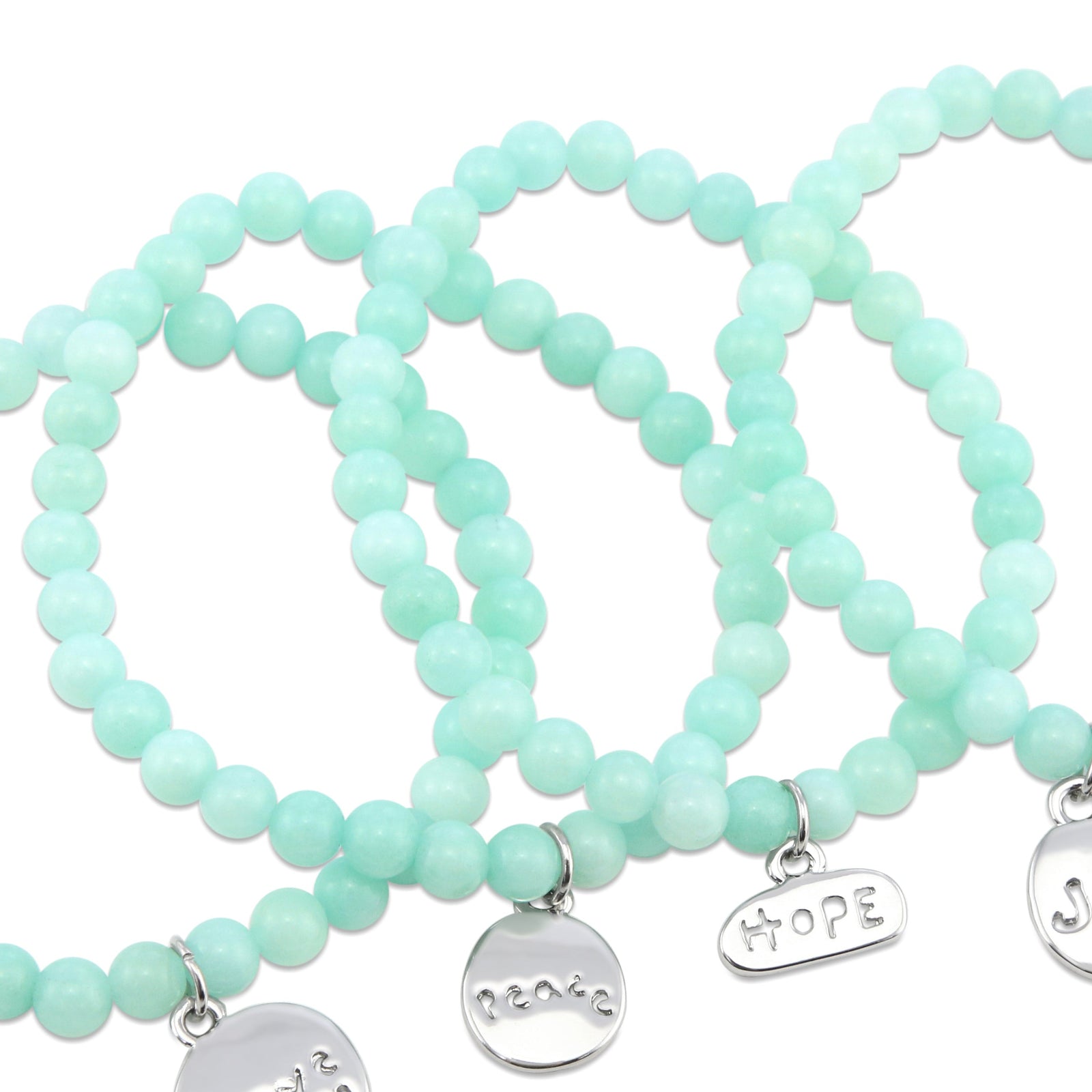 Christmas Bracelet - Minty Agate 6mm Bracelet with Silver Word Charm