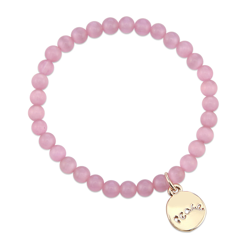 Christmas Bracelet - Pink Moon Stone Shimmer 6mm Bracelet with Gold Word Charm