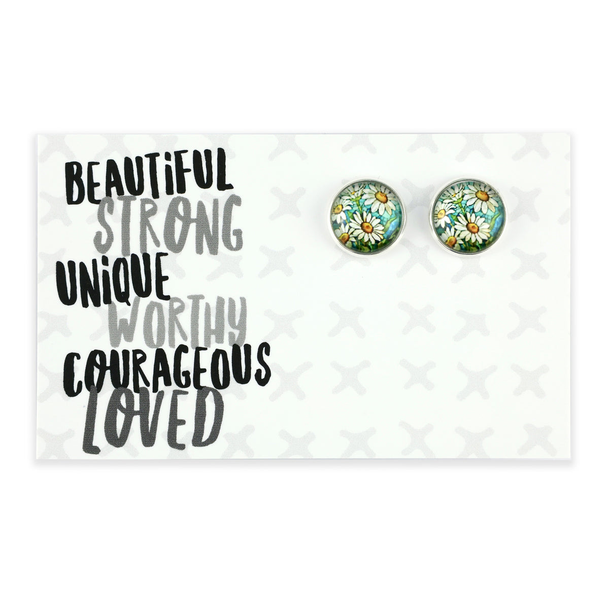 Pair of floral earrings on a card with motivational text