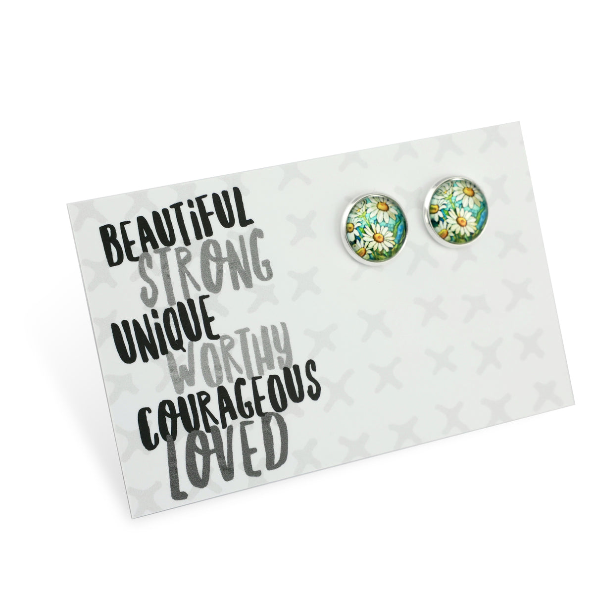 Pair of floral stud earrings on a card with motivational text