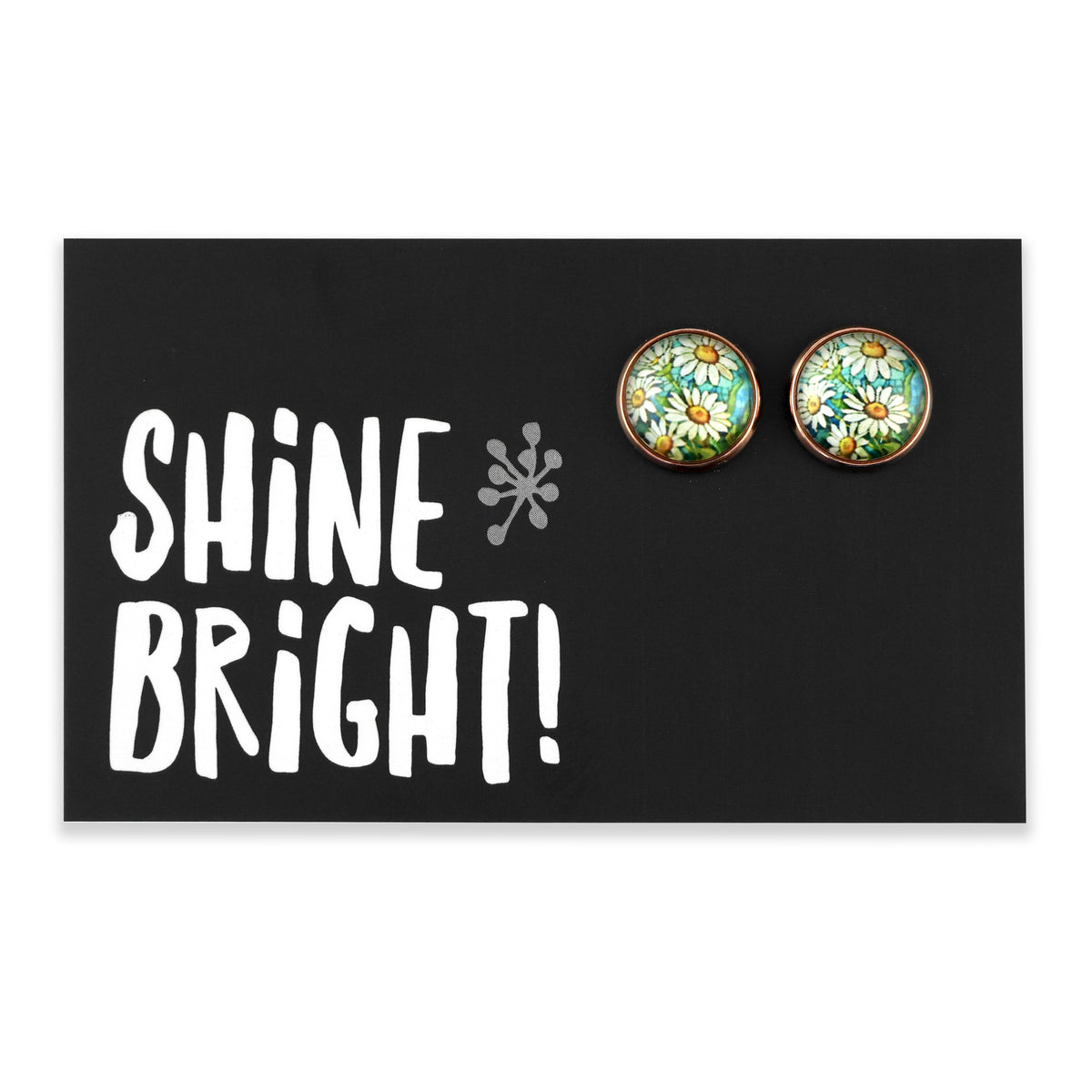 Floral earrings on a card with 'Shine Bright!' text