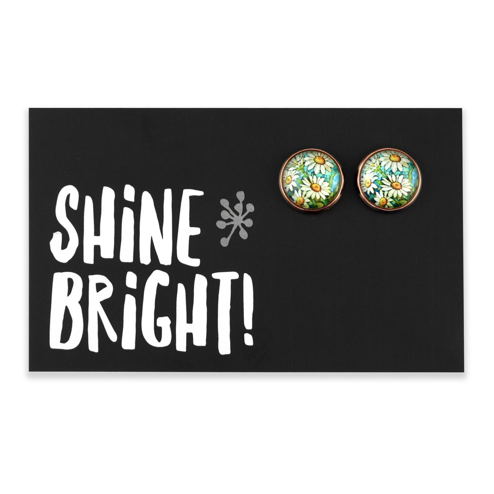 Floral earrings on a card with 'Shine Bright!' text