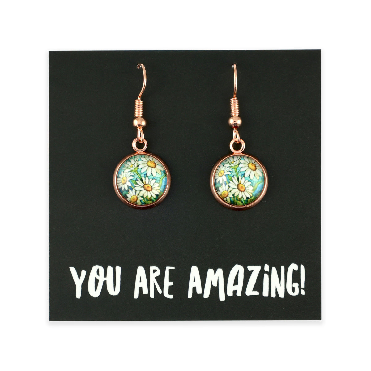 Pair of floral earrings on a black card with 'YOU ARE AMAZING!' text