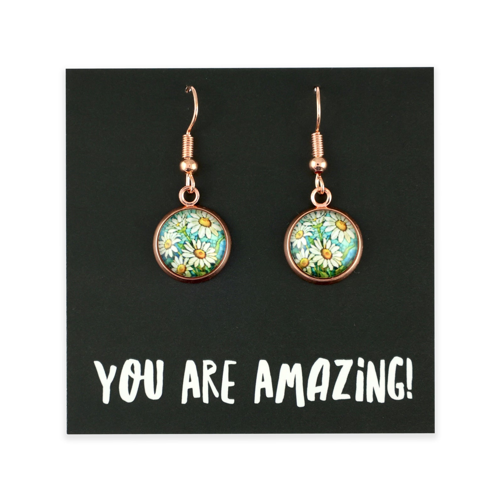 Pair of floral earrings on a black card with 'YOU ARE AMAZING!' text