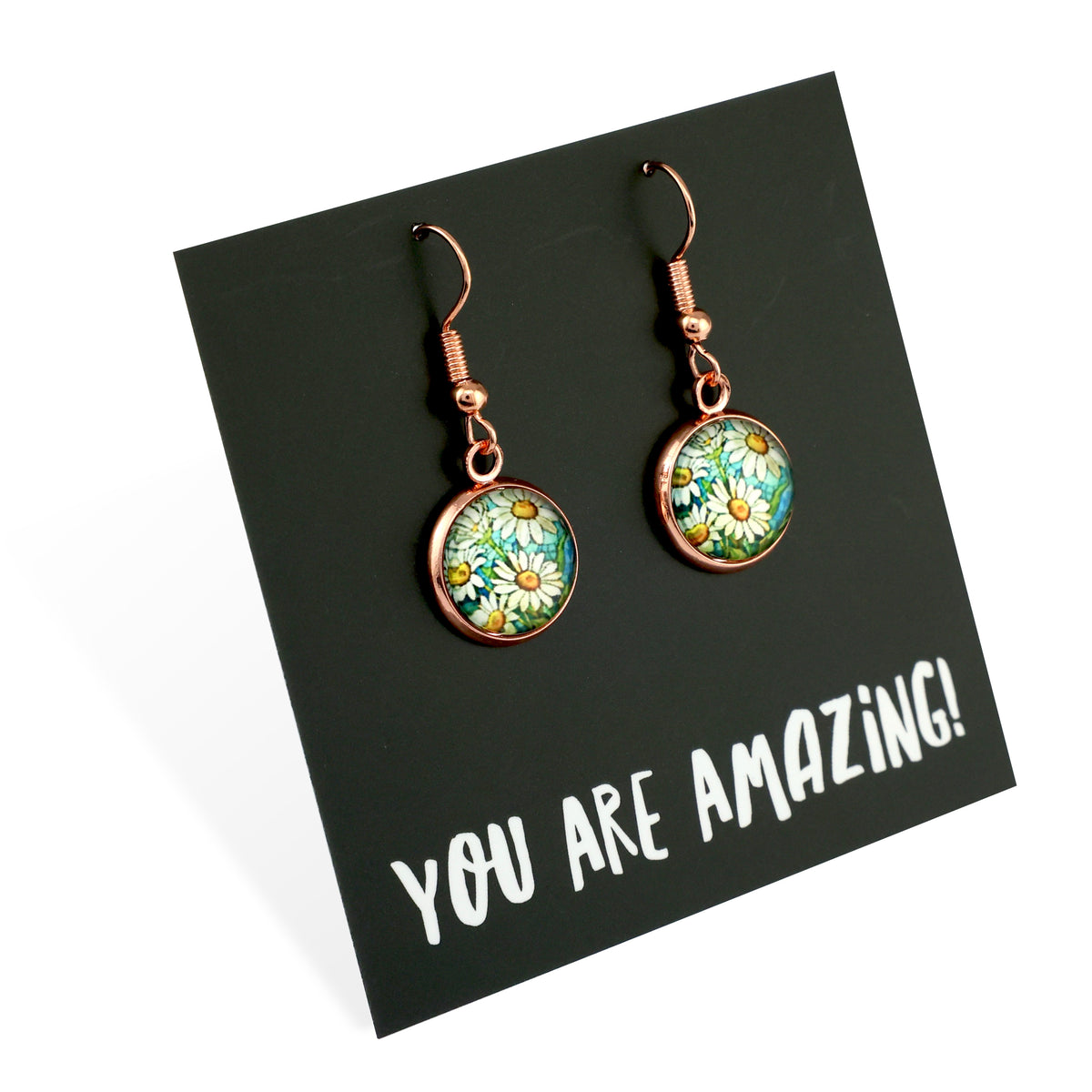 Floral earrings on a card with 'YOU ARE AMAZING!' text