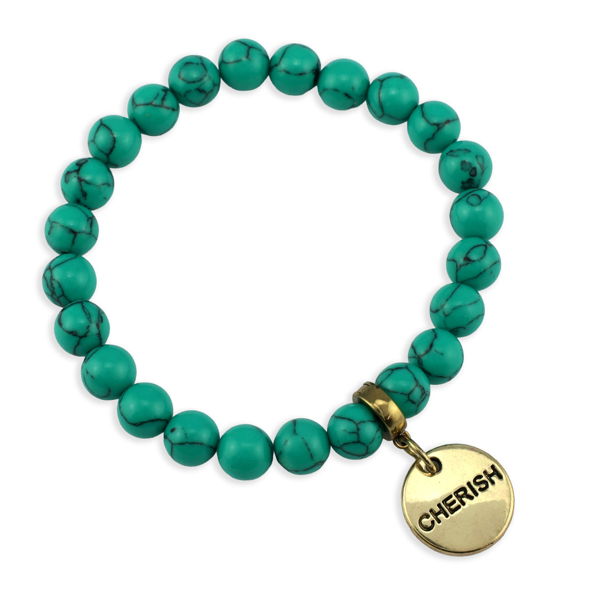 Turquoise beaded bracelet with a gold charm on a white background