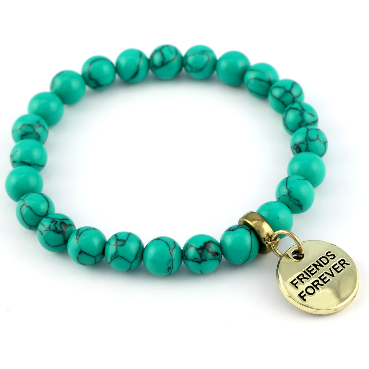 Turquoise beaded bracelet with a gold 'Friends Forever' charm on a white background