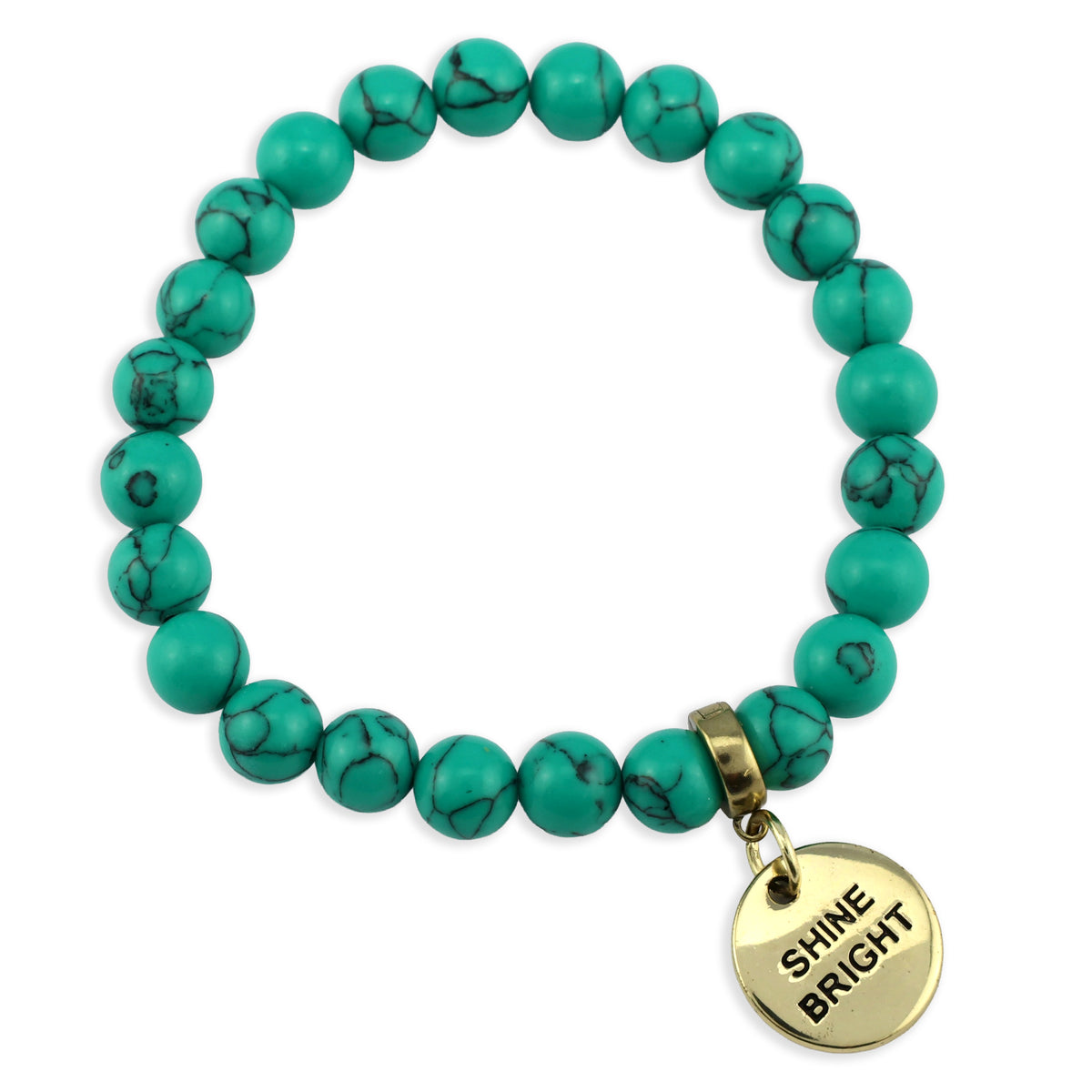 Turquoise beaded bracelet with a gold 'Shine Bright' charm on a white background