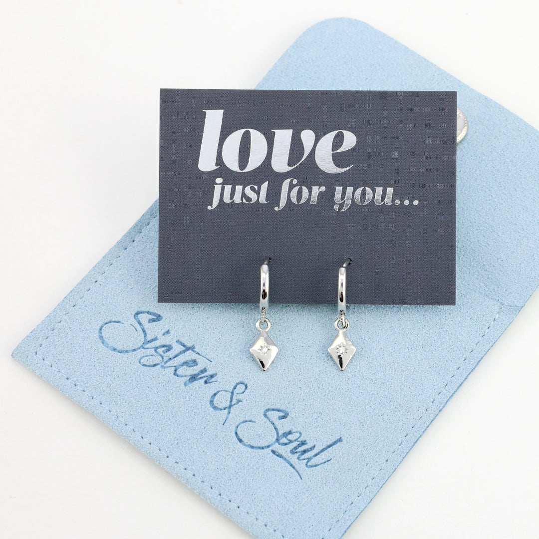 HUGGIES - Love Just For You - Sterling Silver Hoops with Diamond Shaped Charm (8611-R)