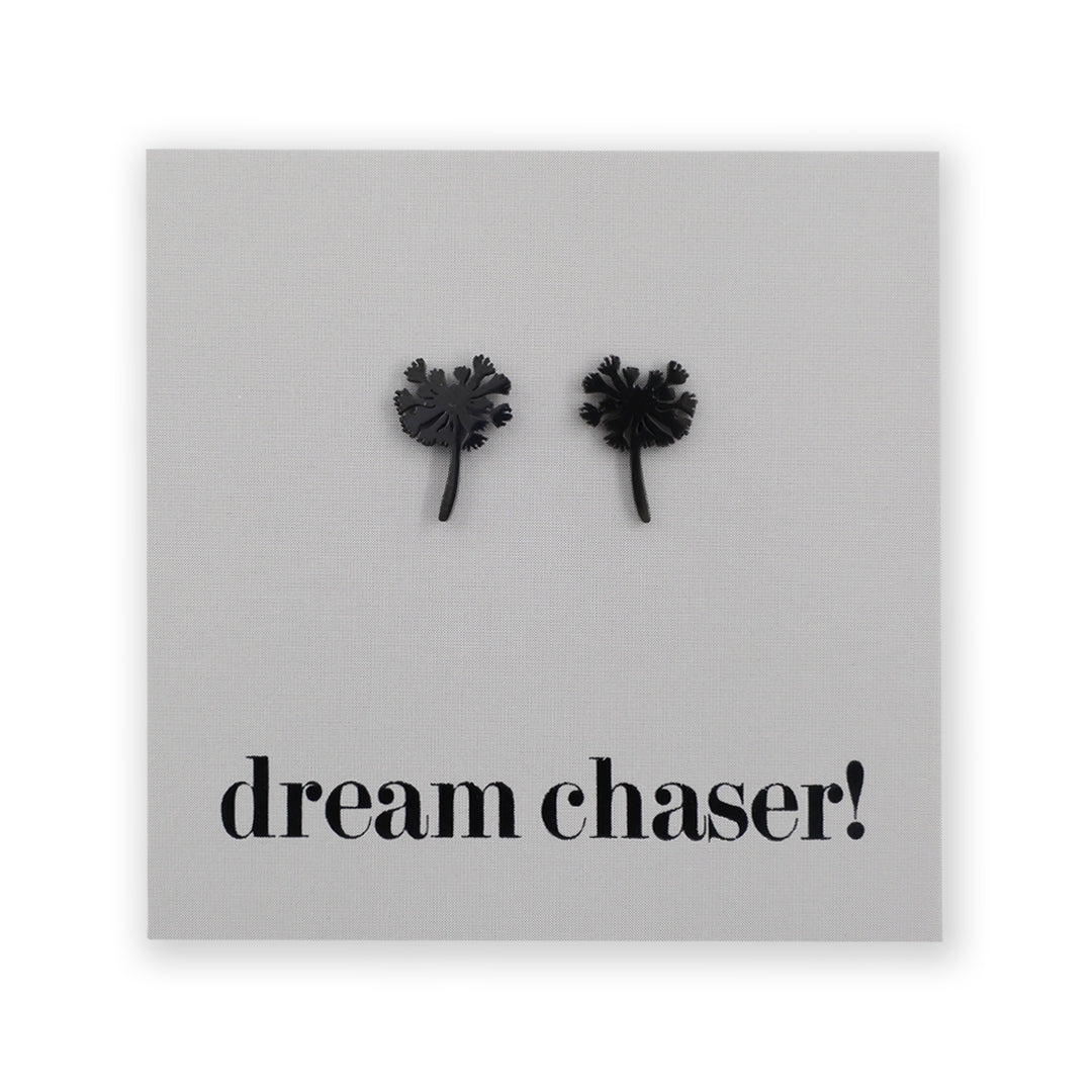 Black dandelion earrings on grey card.