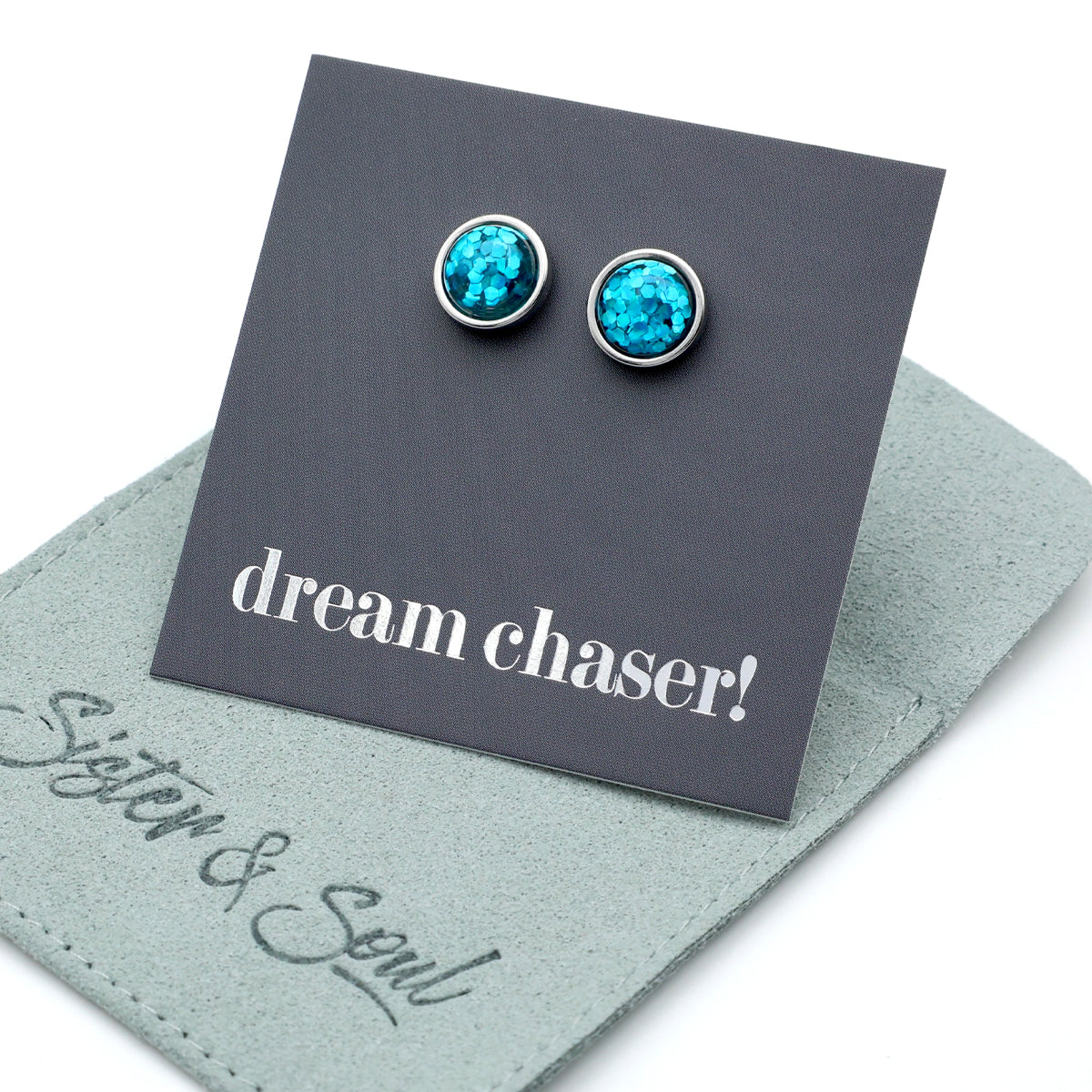 Dream Chaser! - Silver Stainless Steel 8mm Circle Studs - Aqua Blue Glitter (11463)