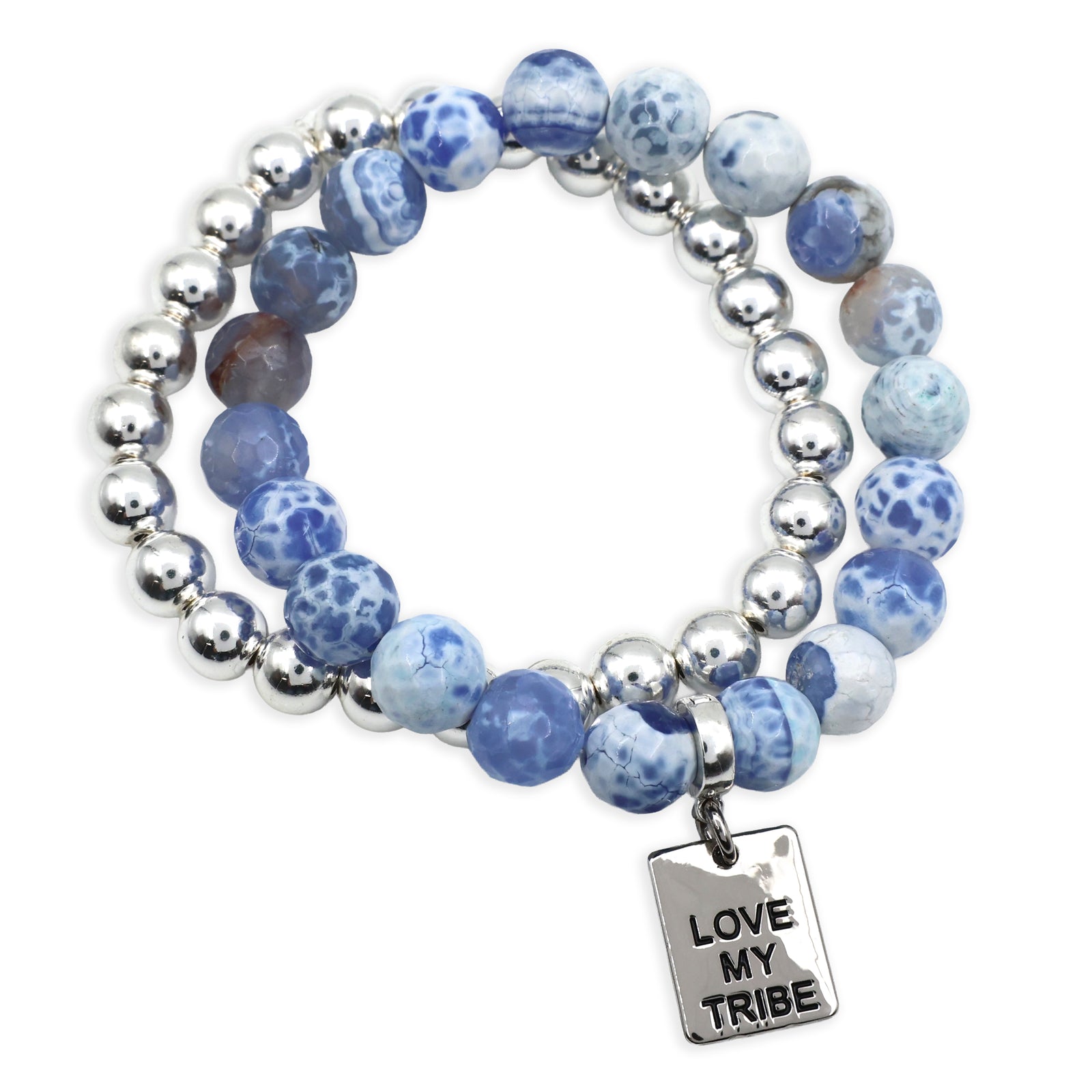 Bracelet Duo! 10mm Blue Agata & Silver & 8mm Silver bead bracelet stacker set - LOVE MY TRIBE (12061)