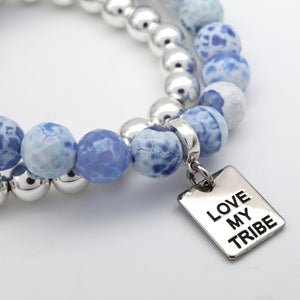 Bracelet Duo! 10mm Blue Agata & Silver & 8mm Silver bead bracelet stacker set - LOVE MY TRIBE (12061)