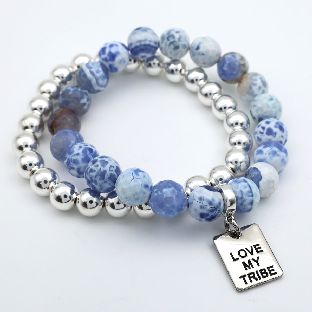 Bracelet Duo! 10mm Blue Agata & Silver & 8mm Silver bead bracelet stacker set - LOVE MY TRIBE (12061)