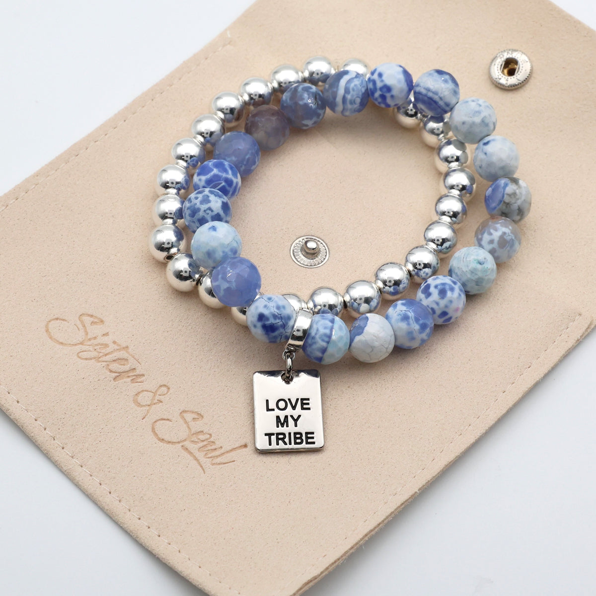 Bracelet Duo! 10mm Blue Agata & Silver & 8mm Silver bead bracelet stacker set - LOVE MY TRIBE (12061)