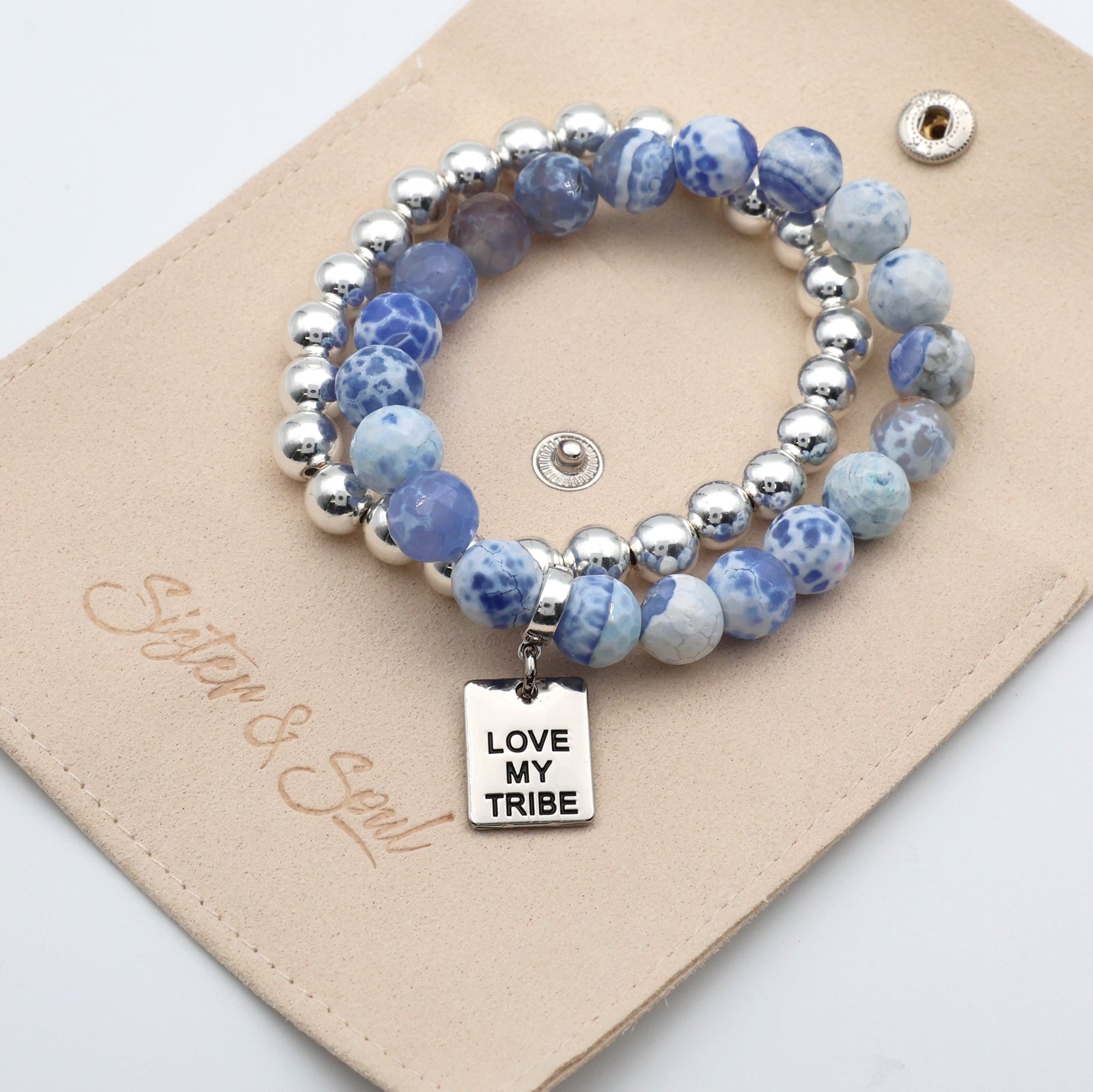 Bracelet Duo! 10mm Blue Agata & Silver & 8mm Silver bead bracelet stacker set - LOVE MY TRIBE (12061)