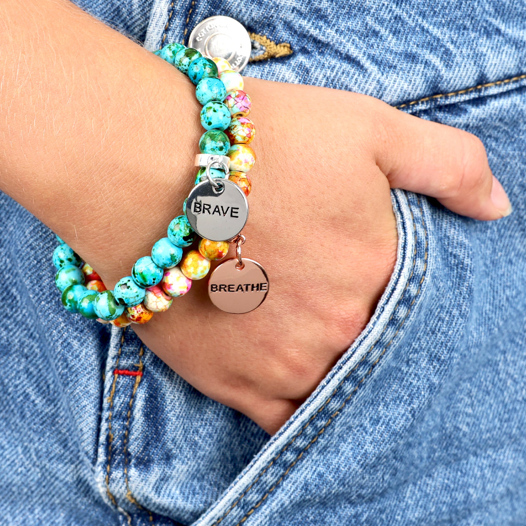 Stone Bracelet - Aqua Crush Patch Agate Speckled Howlite Stone 8mm Beads - With Silver Word charm
