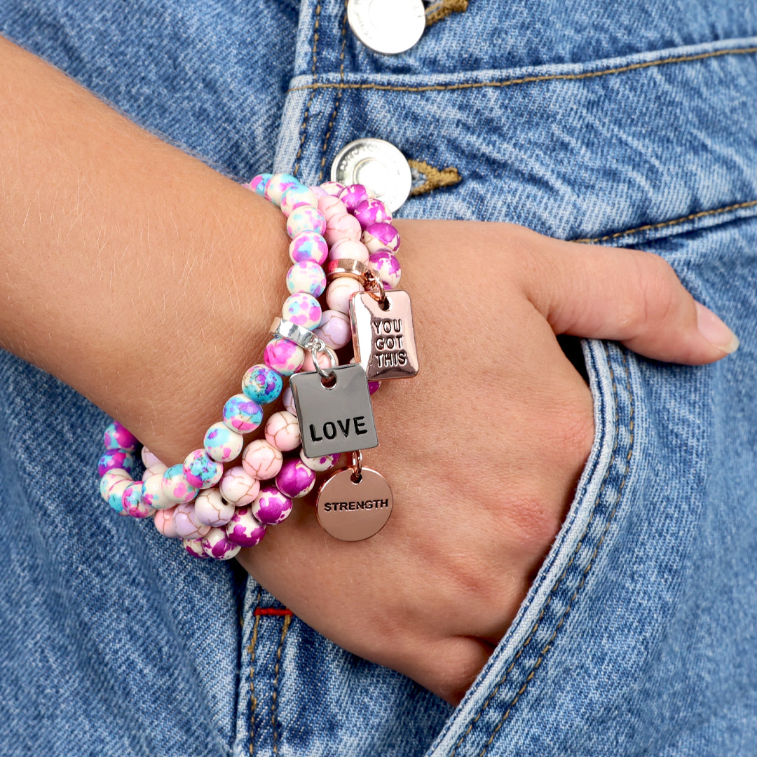 Stone Bracelet - Cosmic Pink Patch Agate Speckle Agate Stone 8mm Beads - With Rose Gold charm