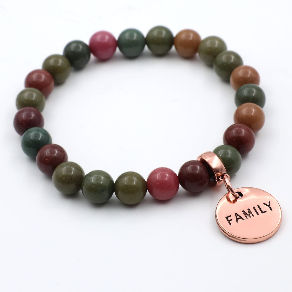 Multicolored beaded bracelet with a rose gold 'FAMILY' charm on a white background