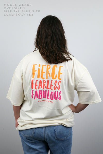 FIERCE FEARLESS FABULOUS  - Plus Size Long Boxy Tee - ECRU with Colourful Print