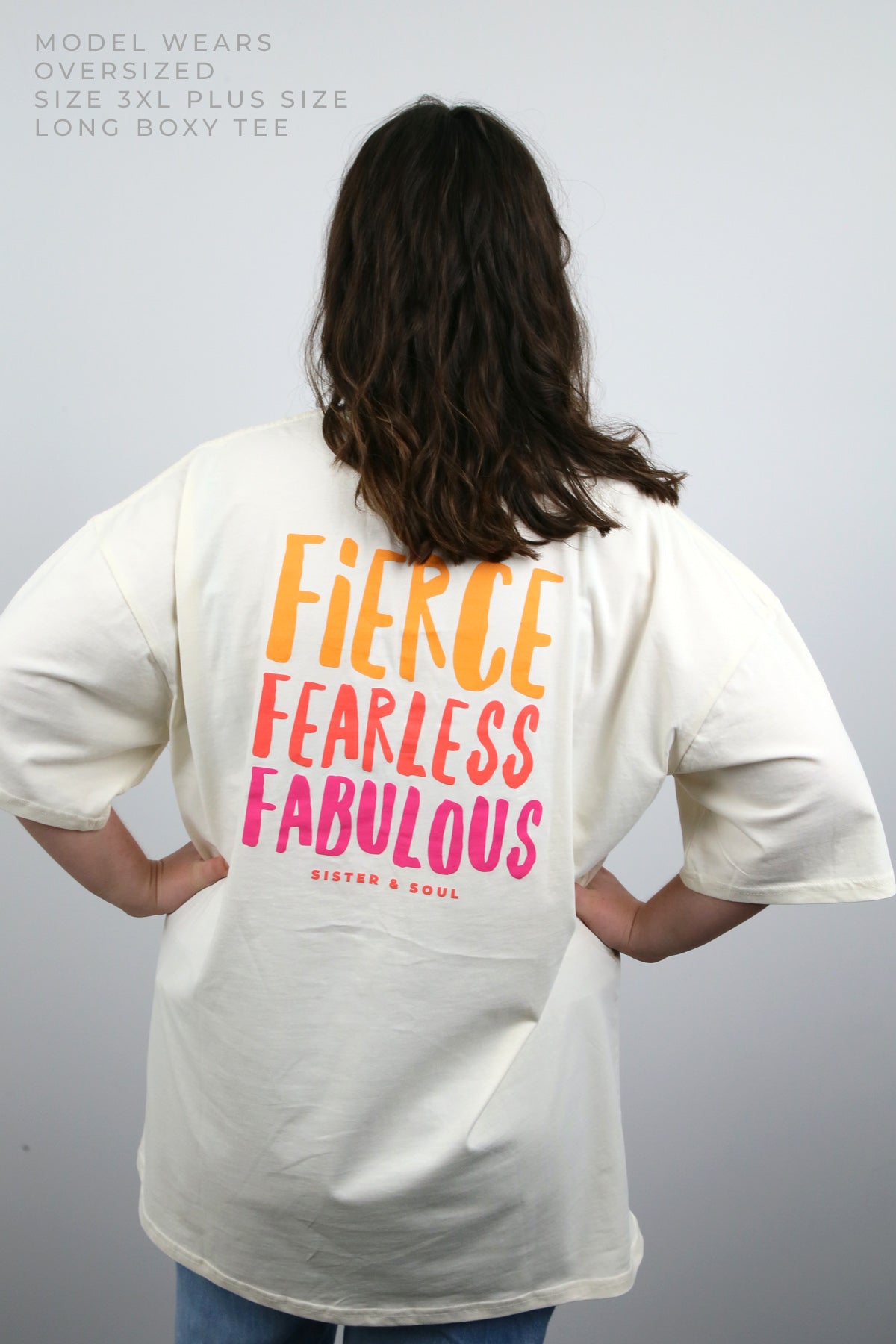 FIERCE FEARLESS FABULOUS  - Plus Size Long Boxy Tee - ECRU with Colourful Print