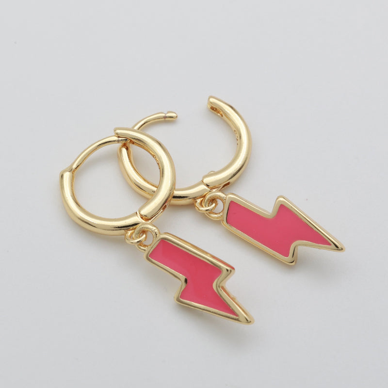Pink and gold lightning bolt shaped huggies dangle earrings 