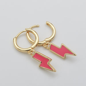 Pink and gold lightning bolt shaped huggies dangle earrings 