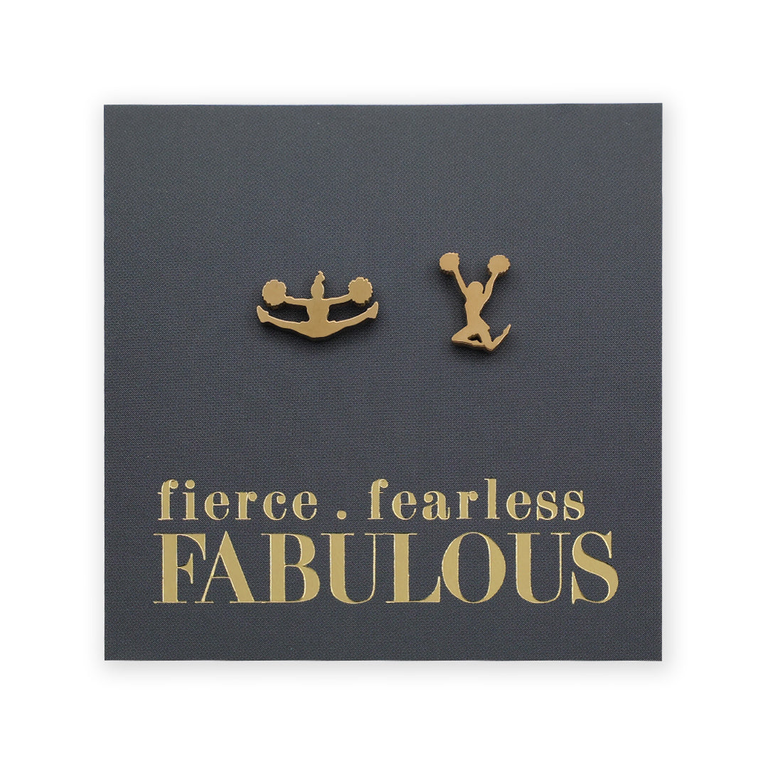 Cheer leader shaped Gold earrings on a dark card with 'fierce fearless FABULOUS' text