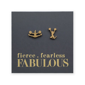 Cheer leader shaped Gold earrings on a dark card with 'fierce fearless FABULOUS' text