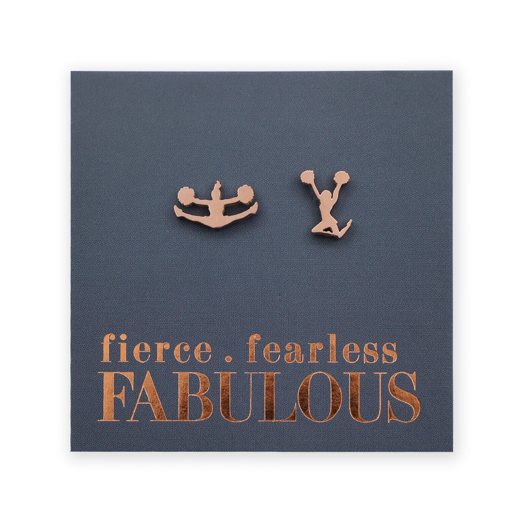Rose gold cheerleader earrings on a grey card with 'fierce fearless FABULOUS' text.