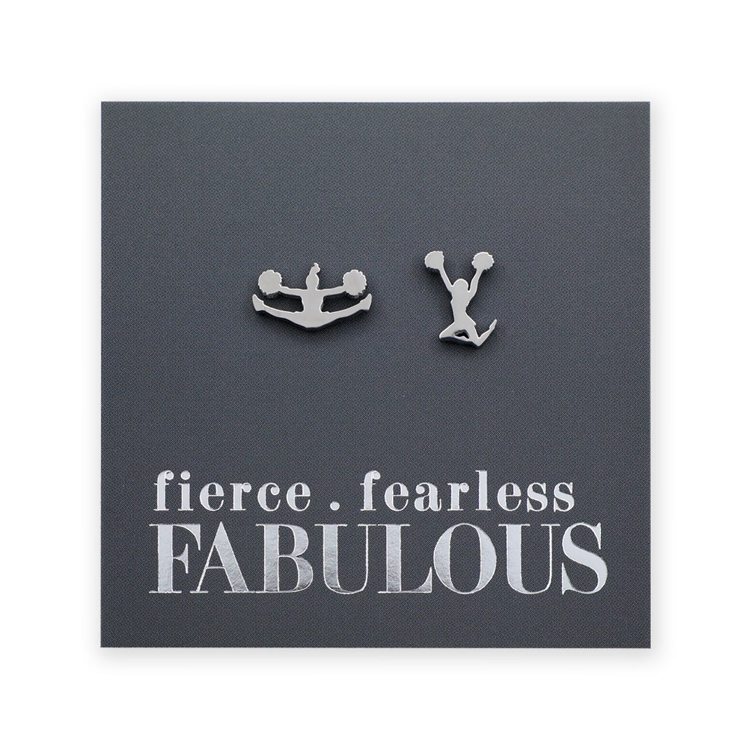 Silver cheerleading earrings on a dark gray card with 'fierce fearless FABULOUS' text.