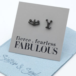 Black Cheer leader shaped earrings on a gray card with 'fierce fearless FABULOUS' text, placed on a light blue surface.